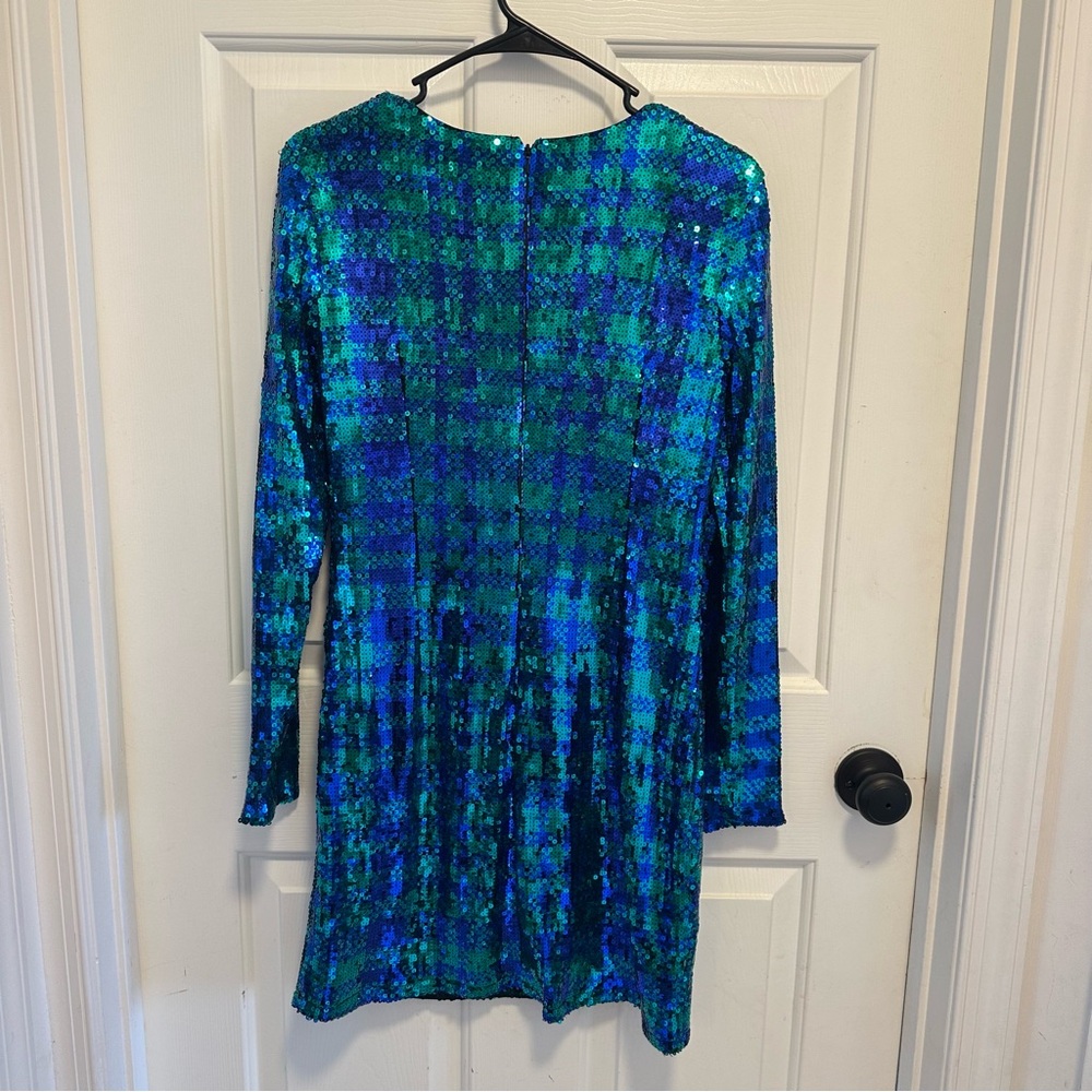 Sho Cyndi Green and Blue Plaid Sequin Sheath Long Sleeve Dress Size Medium - Picture 3 of 7